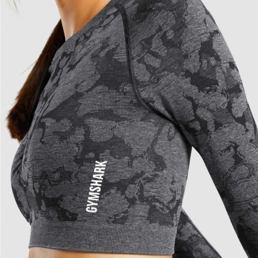 NWOT GYMSHARK Camo Seamless Long Sleeve Crop To Black Size S